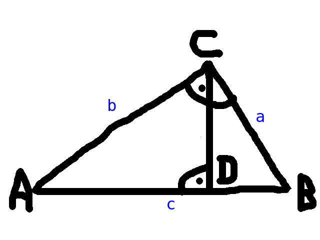Dreieck mit eingezeichneter Höhe und beschrifteten Ecken und Linien